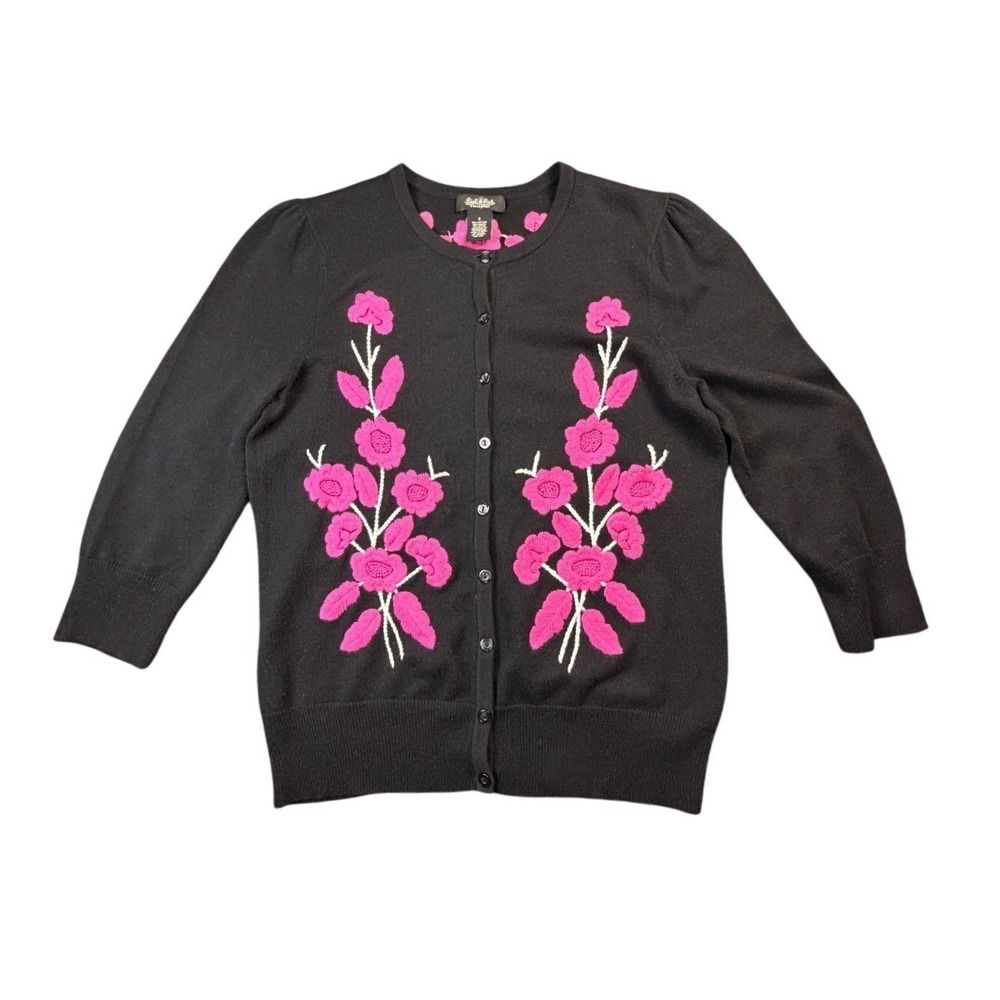 Peck & Peck Womens Black Floral Embroidered Cardigan Sweater Size S 3/4 Sleeve